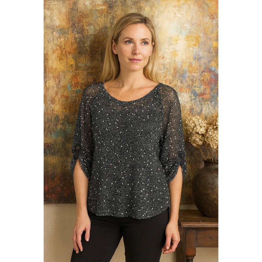 Frazzle Artsy Sweater Womens XL Black Speckled Crochet Open Knit Lagenlook Lagom